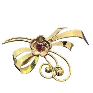 Harry Iskin HI 1930’s vintage gold tone red glass stone brooch pin flower